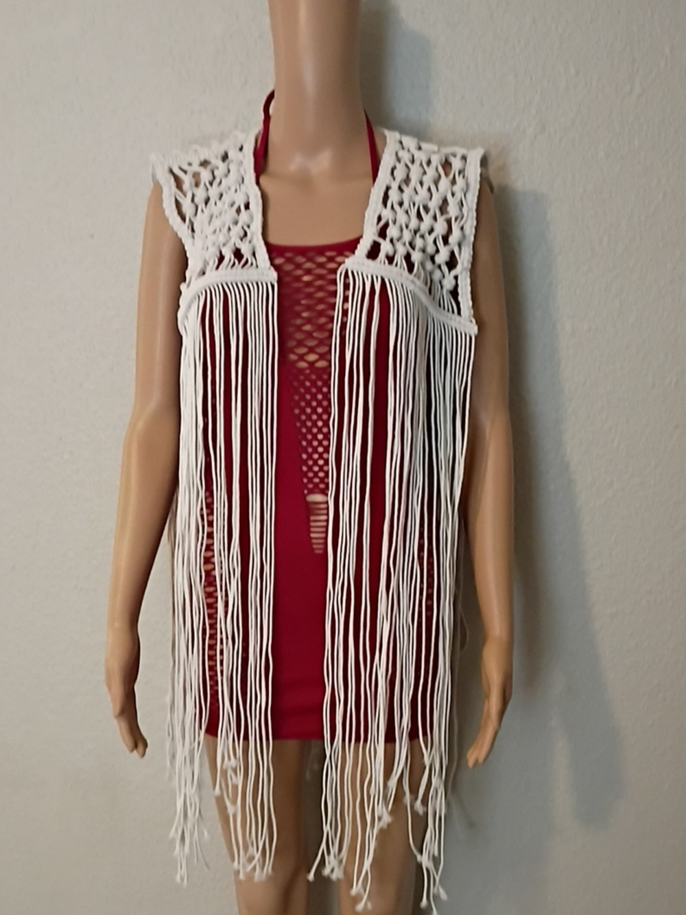 White Crochet Fringe Vest Over Red Dress